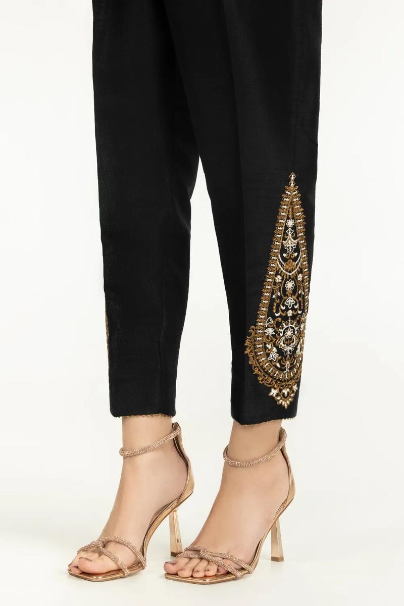 Product Introduction of IDEAS Luxury Pret Poly Raw Silk Embroidered Trouser | ILP-TR-22-12 1PC Womenswear Bottom Women Lady Pants Comfort Basic Black Casual Pakistani dress Eid outfit Pakistani suite Pakistani clothing brand  Minimalist 1