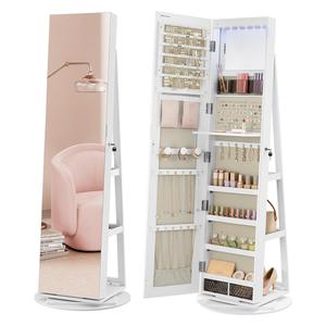 SONGMICS HOME LED Full-Length Mirror Jewellery Cabinet, 360° Swivel Organiser, Lockable Cabinet with Keys, Free-Standing Frameless, Dressing Mirror Rotating Jewelry Cabinet with Storage Shelf, Birthday Gift