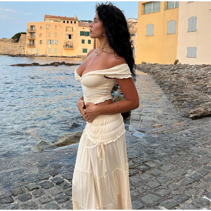 Ruffle Solid Women Sexy 2 Piece Set Outfit Crop Top Lady Skirt Sets Summer Fashion Vacation Sexy Pleated Beach Skirts Suit 3