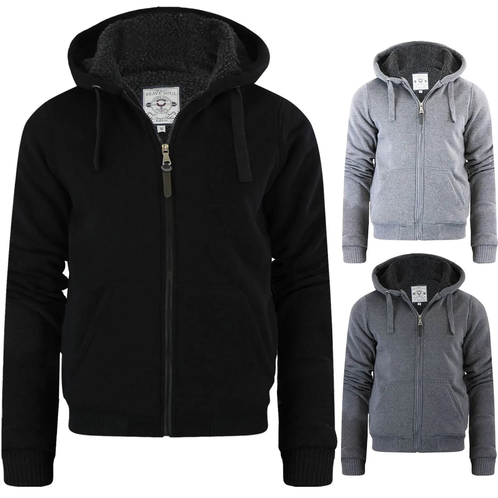 Brave Soul Mens Sherpa Fleece Fur Lined Borg Hoodie Winter Jacket Work Hooded Menswear Pocket