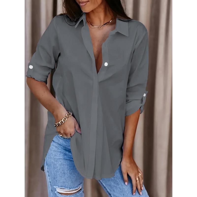 Solid Button Front Shirt, Casual Turn Down Collar Office Work Shirt, Women's Clothing 1