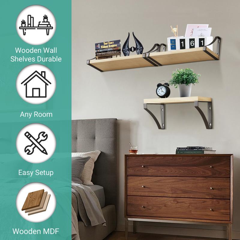 Floating Shelf Wall Mounted 3 Wood Shelves With Metal Brackets 3