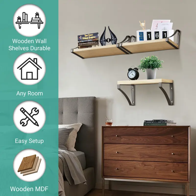 Floating Shelf Wall Mounted 3 Wood Shelves With Metal Brackets 3