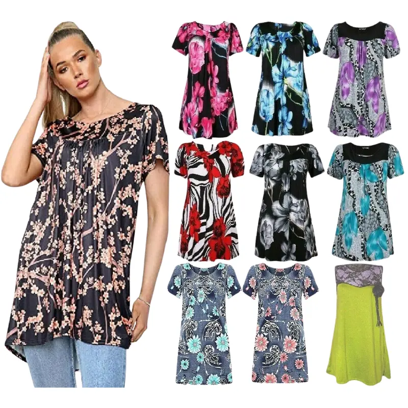 Womens Floral Print Swing Top Plus Size Ladies Fusion Paisely Print Tunic A-Line Short Sleeves Smock Dress Tunic Top 0