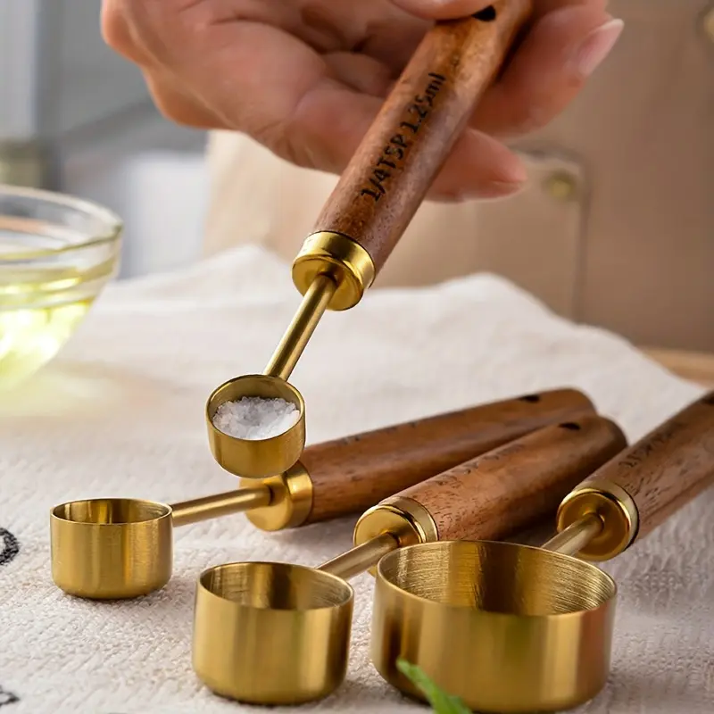 4pcs/set Measuring Spoon Set, Wooden Handle Measuring Spoon Set, Stainless Steel Measuring Cups And Spoons, Coffee Scale Spoon, Kitchen Accessories, Baking Tools, Kichen Stuff 5