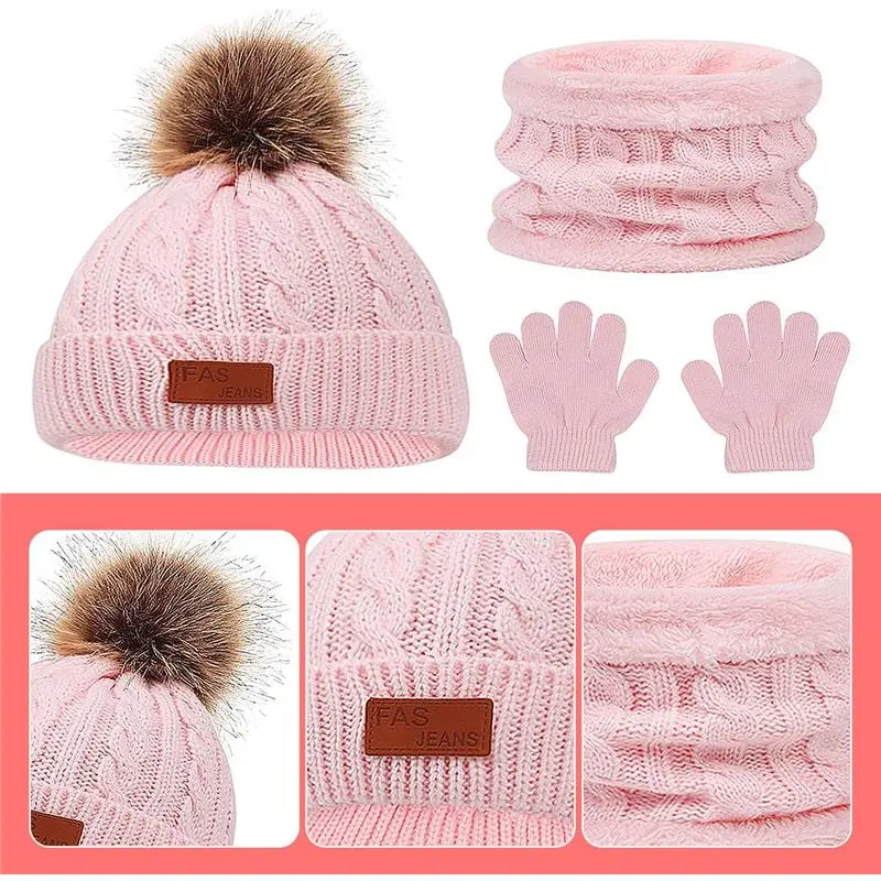 Rumyve Children's Winter Warm Set, 1 Set of 3 Winter Knitted Sets, Gloves, Hats and Scarves, Warm and Flexible, Children's Winter Outdoor Activities Essential 3