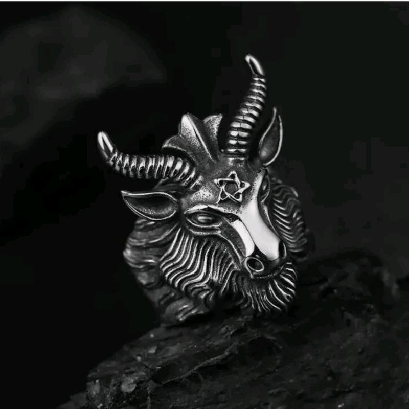 Baphomet Goat Head Black Death Satanic Pentagram Hornet Ram Retro Gothic Ring Male Anniversary Auspicious 3
