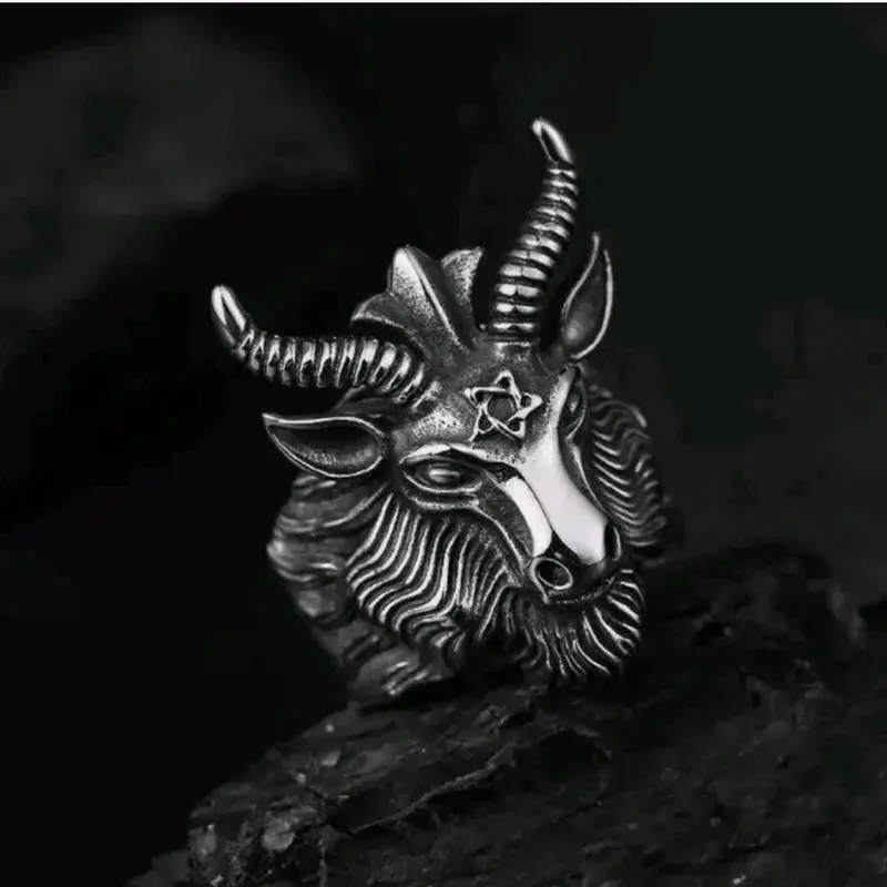Baphomet Goat Head Black Death Satanic Pentagram Hornet Ram Retro Gothic Ring Male Anniversary Auspicious 3