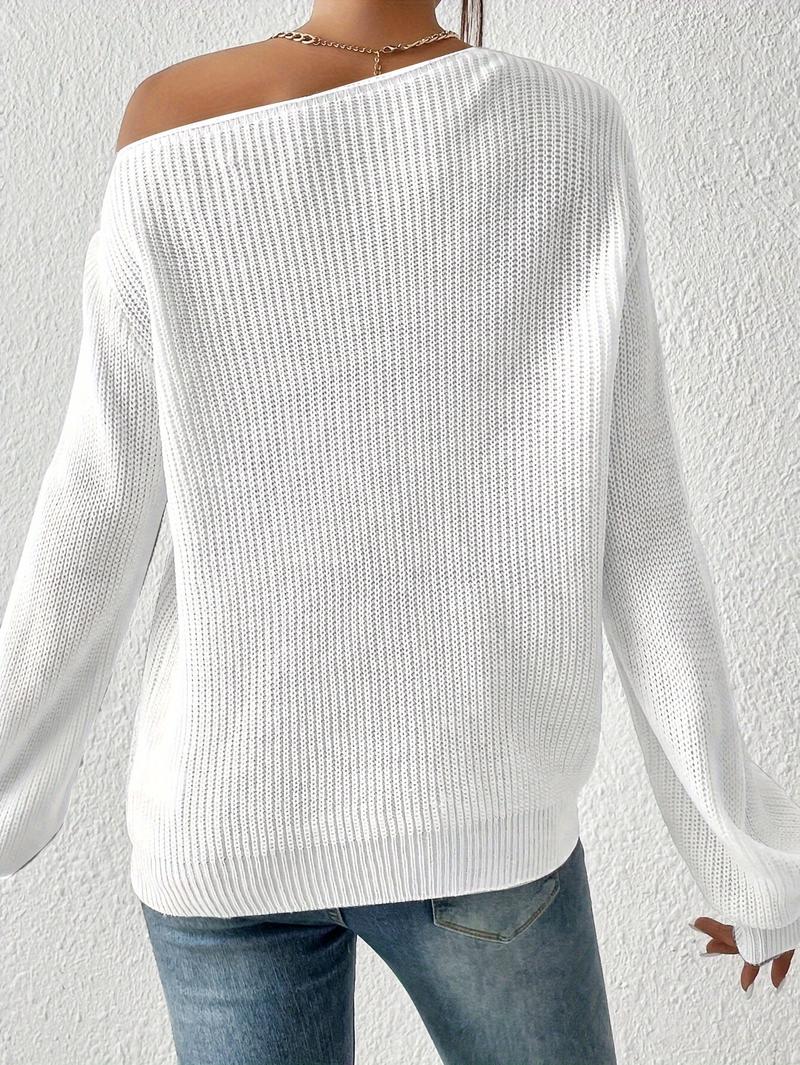 Product Introduction of 1pc Elegant Asymmetrical Neck Acrylic Knit Sweater for Women - Solid Color Off-Shoulder Pullover for Spring/Fall Knitwear Womenswear 6