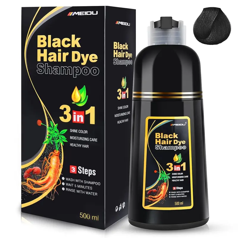 MEIDU 3 in 1 Black Hair Dye Shampoo - Can cover gray hairs,Herbal Ingredients Natural Hair Colour Shampoo,Contains Ginseng Extract,Natural Haircoloring,Phytocare,salon Haircare 0