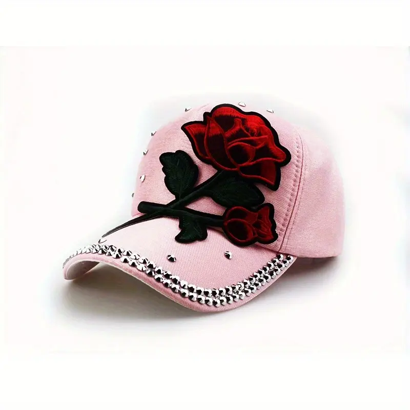Red Rose Patch Baseball Cap Rhinestone Decor Y2K Sports Hat Lightweight Adjustable Dad Hats 6