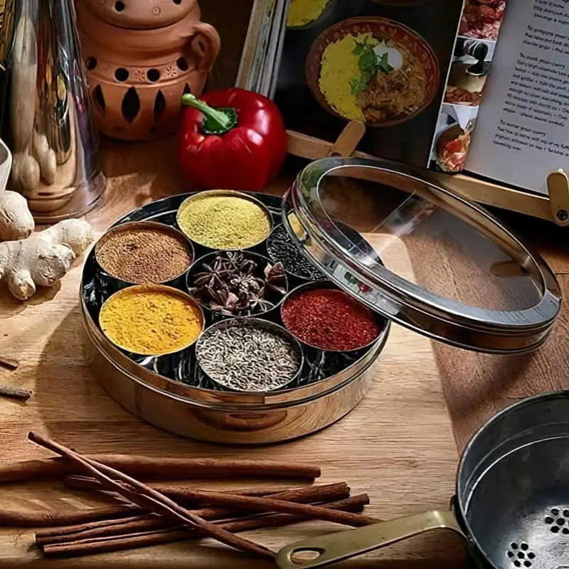 No.11 9pc Authentic Indian | Stainless Steel Spices Box | Masala Dabba Storage with See Through Clear Lid Kitchen Seasoning Utensil 6