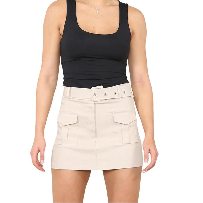 Women's Cargo Pocket Mini Skirt - Ladies Bukle Belted Elastic Waist Summer Viral Skort Basic Casual Soft Womenswear 2