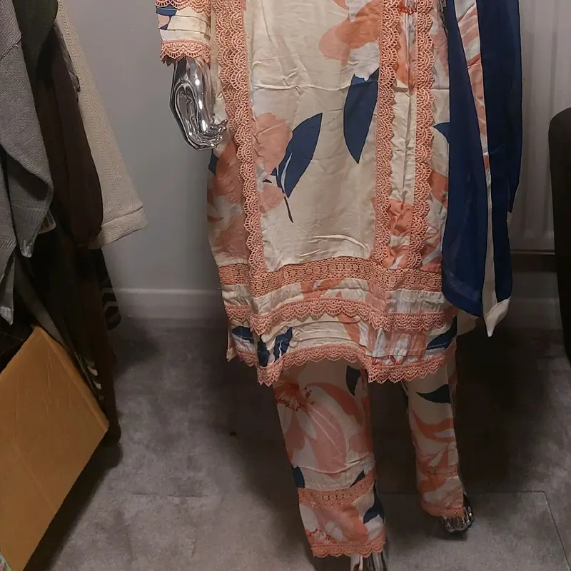 Asian Style 3pc women causal wear. boski lenen fabric and shifoon dupata ivory colour with navy blue dupata. beautiful lace work on shirt and trousers. 2