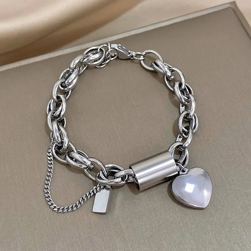 AENSOA Punk Chunky Double Thick Chain Stainless Steel Bracelets for Women Fashion Golden Heart Love Buckle Pendant Wrist Jewelry 5