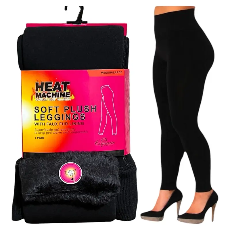 Women's Plush Thermal Leggings - Black, Stretchy, Soft, Tummy Control, Winter Fabric - Faux, Fit Fit Faux Fur Medium Casual 7