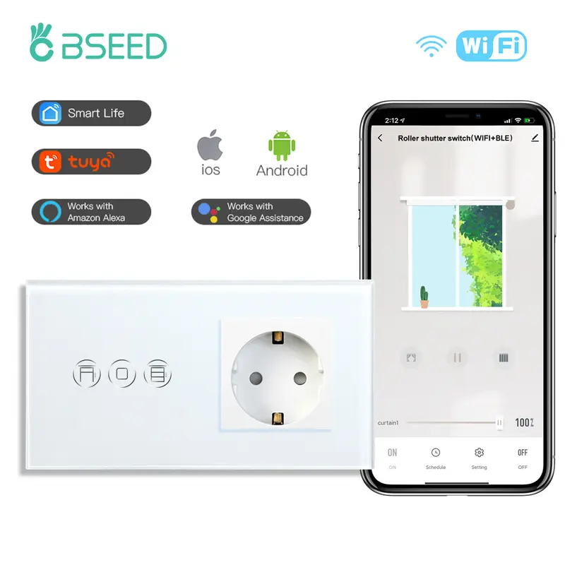 BSEED Wifi Shutter Switches APP Control Led Smart Blind Series White Glass Panel Support Tuya Google Smart Life Roller Shutter 8