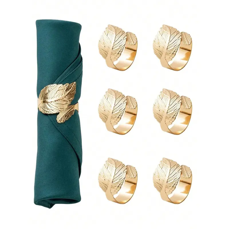 6pcs Leaf Design Napkin Ring, Minimalist Stainless Steel Napkin Holder Ring For Dinner Table Valentine DAY, Valentines Wedding, Birthday 0
