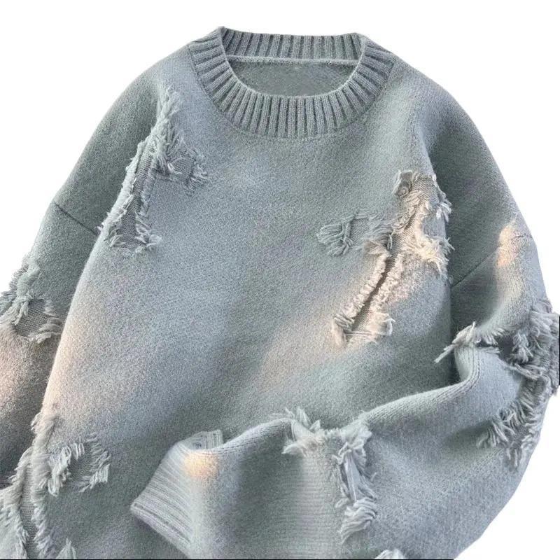 2025 Autumn and Winter Sweater Men's New Retro Ripped Tassel Loose All-match Knitted Sweater Pullover Long Sleeve Pullover Knitwear Menswear Tops Longsleeves Crewneck Round Neck Lawn Beige Casual Plain 0