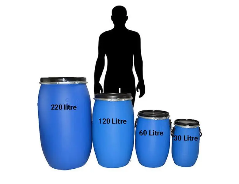 Plastic Drums 30,  60, 120 and 220 Litre Plastic Blue Open Top Storage Barrel Drum Keg with Lid and Latch Ring, UN Approved, Food Grade for Shipping, Air Tight Plastic Container