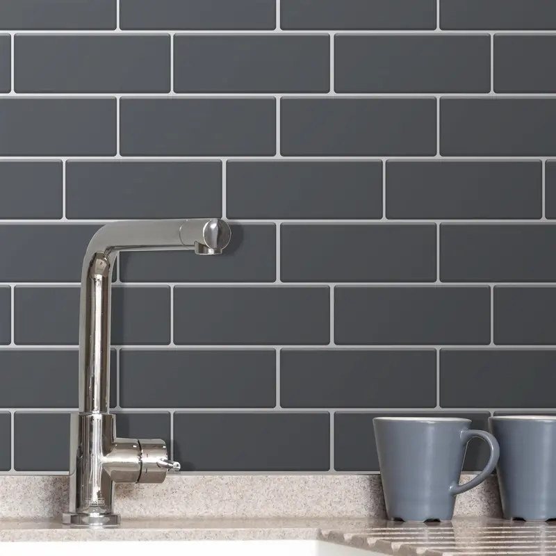WALPLUS Dark Grey Glossy 3D Tile Stickers - Easy Peel and Stick Backsplash for Kitchen and Bathroom, Water and Heat Resistant, 6pcs 12 Inch 3