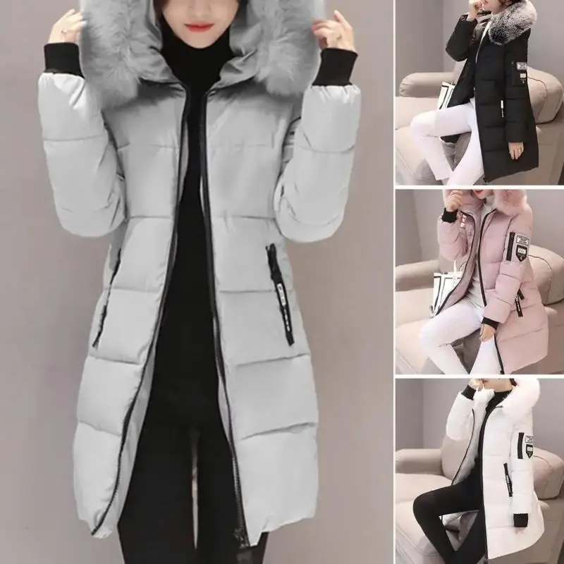 Women Winter Cotton Coat Hooded Mid Length Outerwear Windproof Warm Long Sleeve Jacket Solid Color Slim Fit Lady Down Coat 1