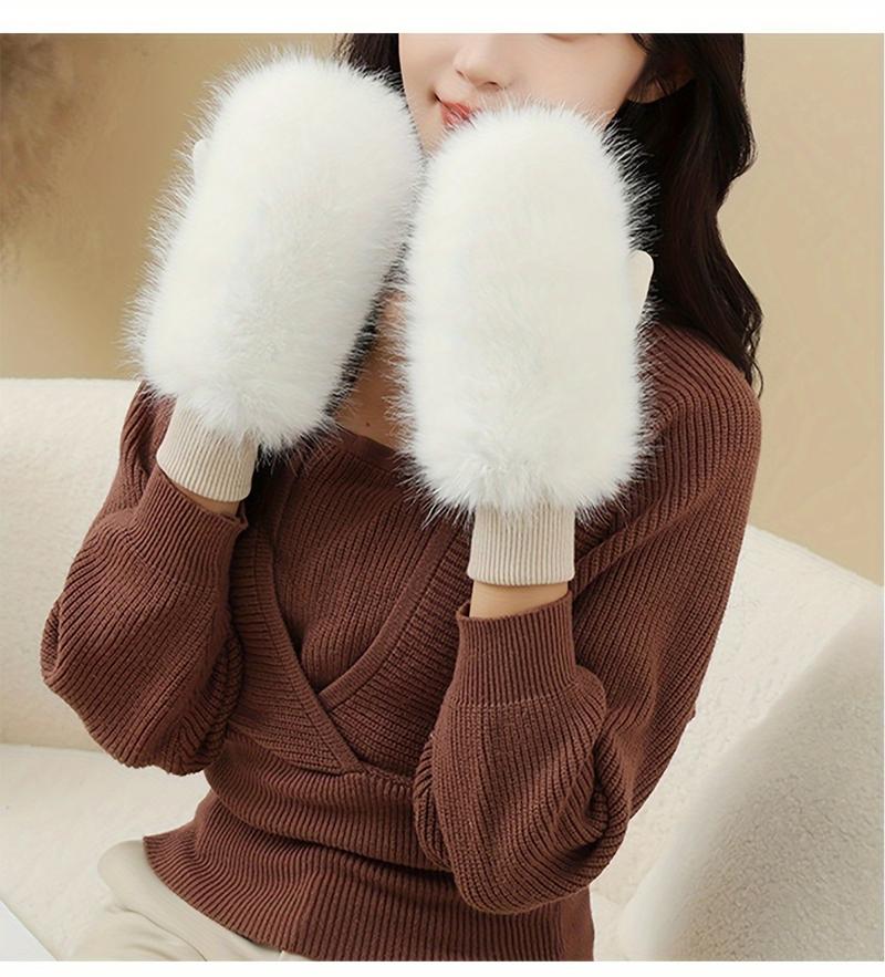 Product Introduction of Women'S Winter Thermal Knitted Mittens - Cozy Polyester Fur-Lined Gloves for Outdoor Use, Non-Stretch Warm Gloves for Cycling, Hand Washable 8