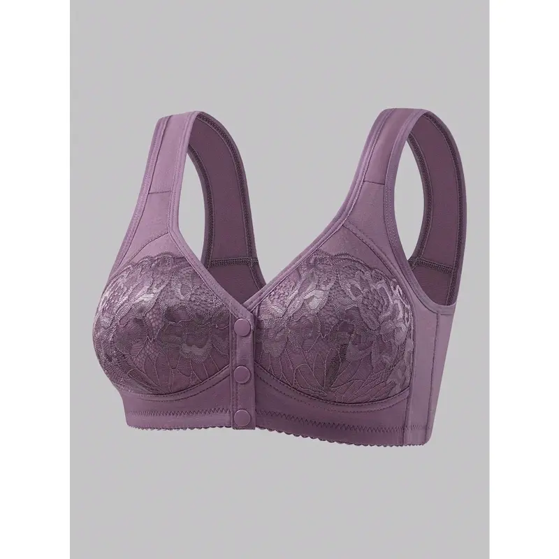 3pcs Set Front Button Closure Wireless Bra, Comfortable & Breathable Ladies Lingerie Lace Womenswear Comfy Basic Minimalist 2