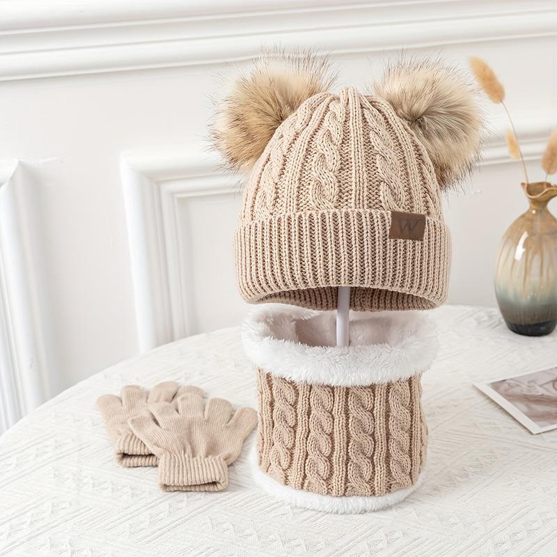 A set of Youngsters's autumn and winter three-piece set of cold-proof and warm suits including double ball knitted hat, scarf, gloves, fashionable and versatile brimless hat suitable for outdoor camping, hiking, and skiing 3