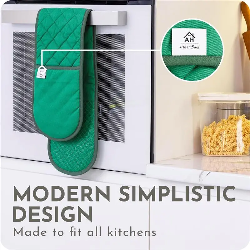 Green Double Oven Gloves | Maximum Heat Resistant Protection | Double Oven Mitt With Silicone Non-slip Design | Machine Washable Thick Oven Glove Home & Kitchen Accessories. Bakeware Cover 2
