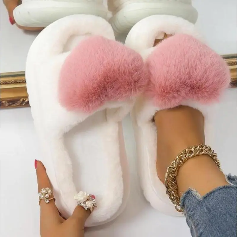 Cute Heart Design Plush Fluffy Slippers, Soft Comfort Matching Fuzzy Slippers, New Warm Slippers for Indoor & Outdoor, Footwear Slippers for Women Girl, House Walking Shoes, Girls Birthday Gift Flipflop Slide