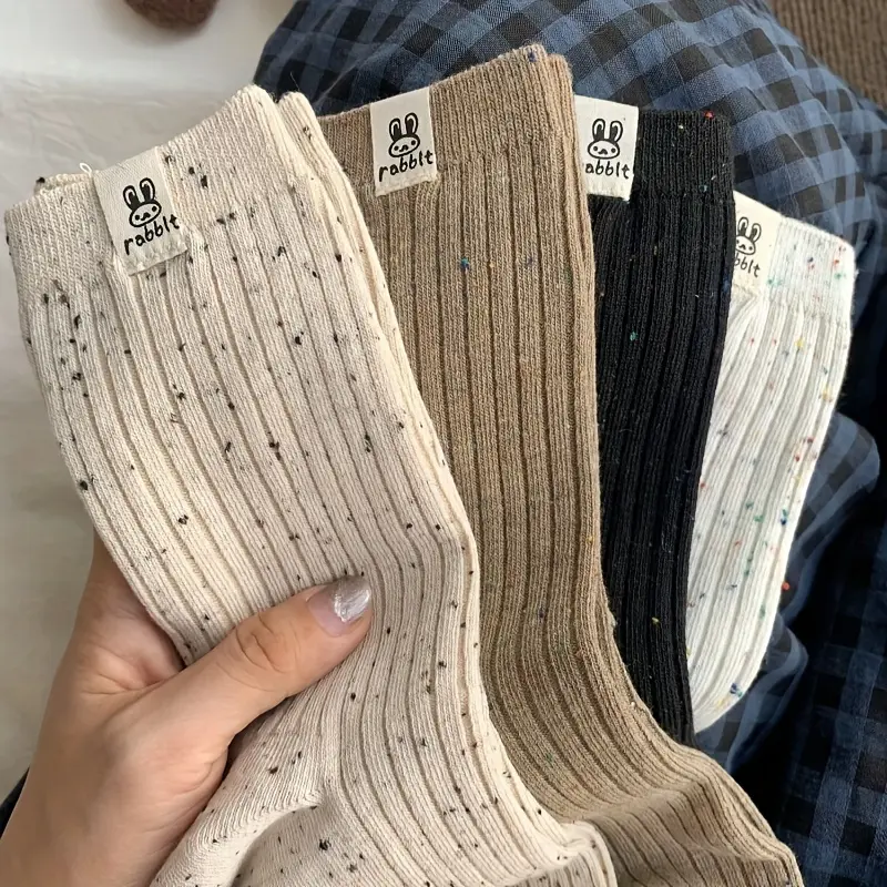 4 Pairs Rabbit Label Patched Socks, Casual Japanese Style Mid Tube Socks For Fall & Winter, Women's Stockings & Hosiery
