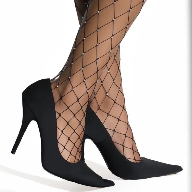 Black Big Fishnet Sparkly Diamante Embellished Rhinestone Crystal Glitter Diamond Tights Sexy Party Outfit Underwear Womenswear Fabric Comfortable Everyday Stretchy Lady Comfort Basic Minimalist lovely dress heels  stocking Bottoms Leggings 4