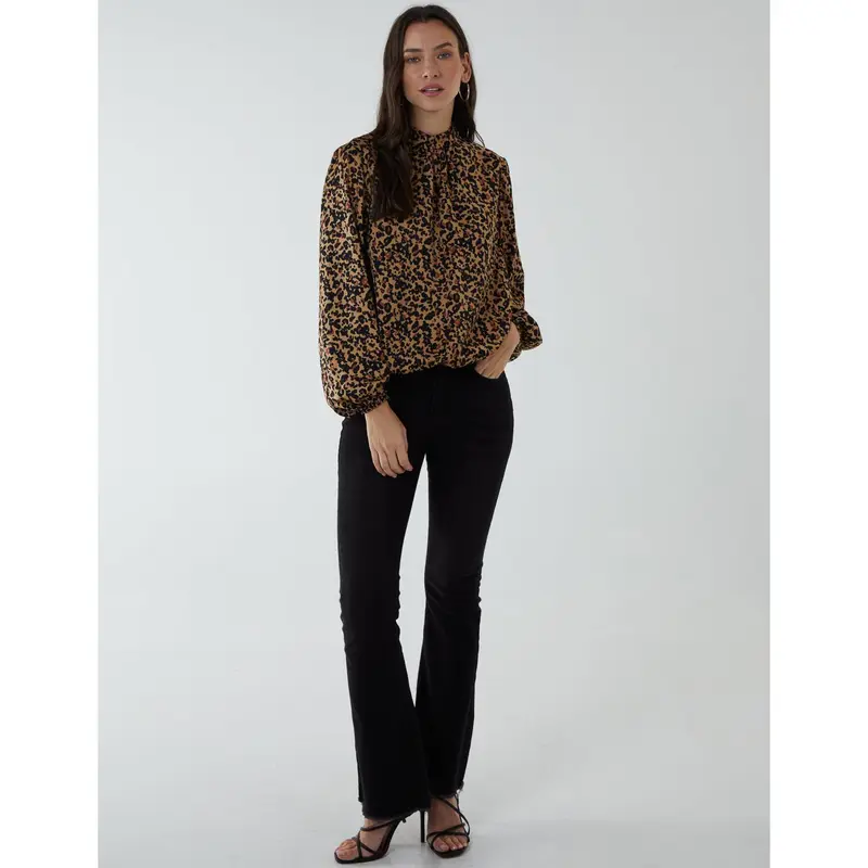 High Neck Leopard Print Satin Blouson Top 1
