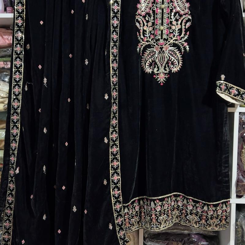 Pakistani Luxury 9000 micro Velvet 3pc Embroidered Dreee with Velvet Shawl and trouser. Formal... 7