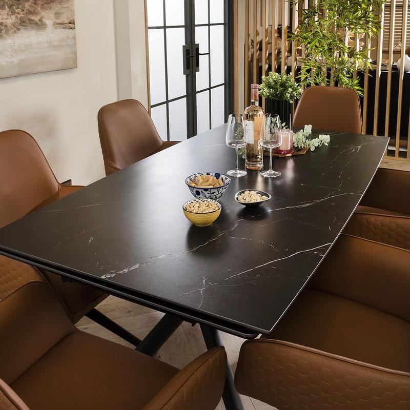 Emma 6 Seater Extending Ceramic Dining Set Black & Tan Leather 2