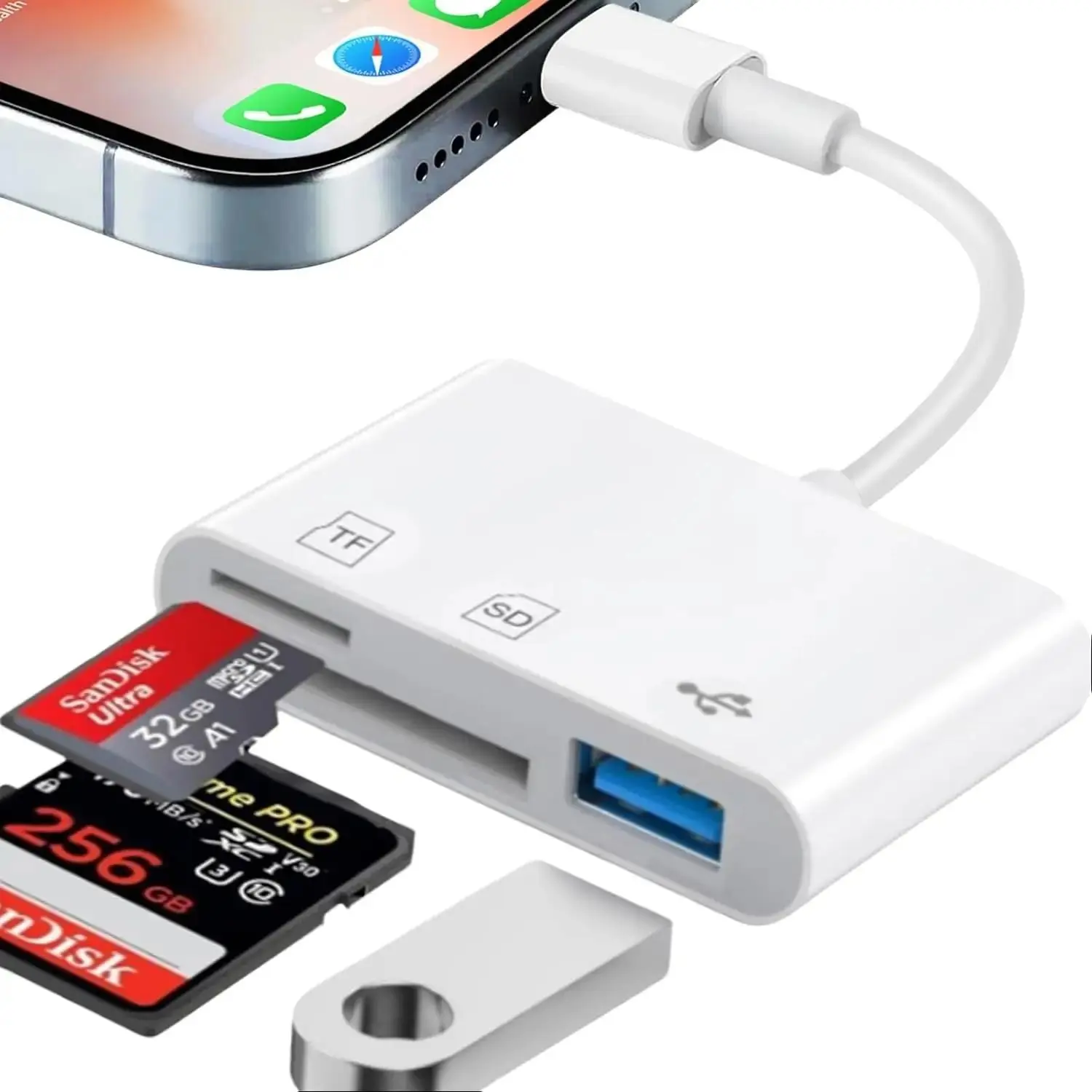 8-Pin to SD/TF Card Reader USB OTG Adapter for iPhone 14/13/12/11/X/XR/XS - Portable, Multifunctional, Compatible with SD/TF Cards, MMC, MicroSD & More