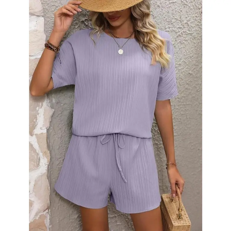 Two-piece Set Women's Plain Waffle Round Neck Oversized T Shirt & Shorts Set, Classy Two Piece Sets, Casual Batwing Sleeve Tops That Hide Stomach & Drawstring Waist Shorts, Two Piece Set, Two Piece Set Women Clothes Womenswear 7