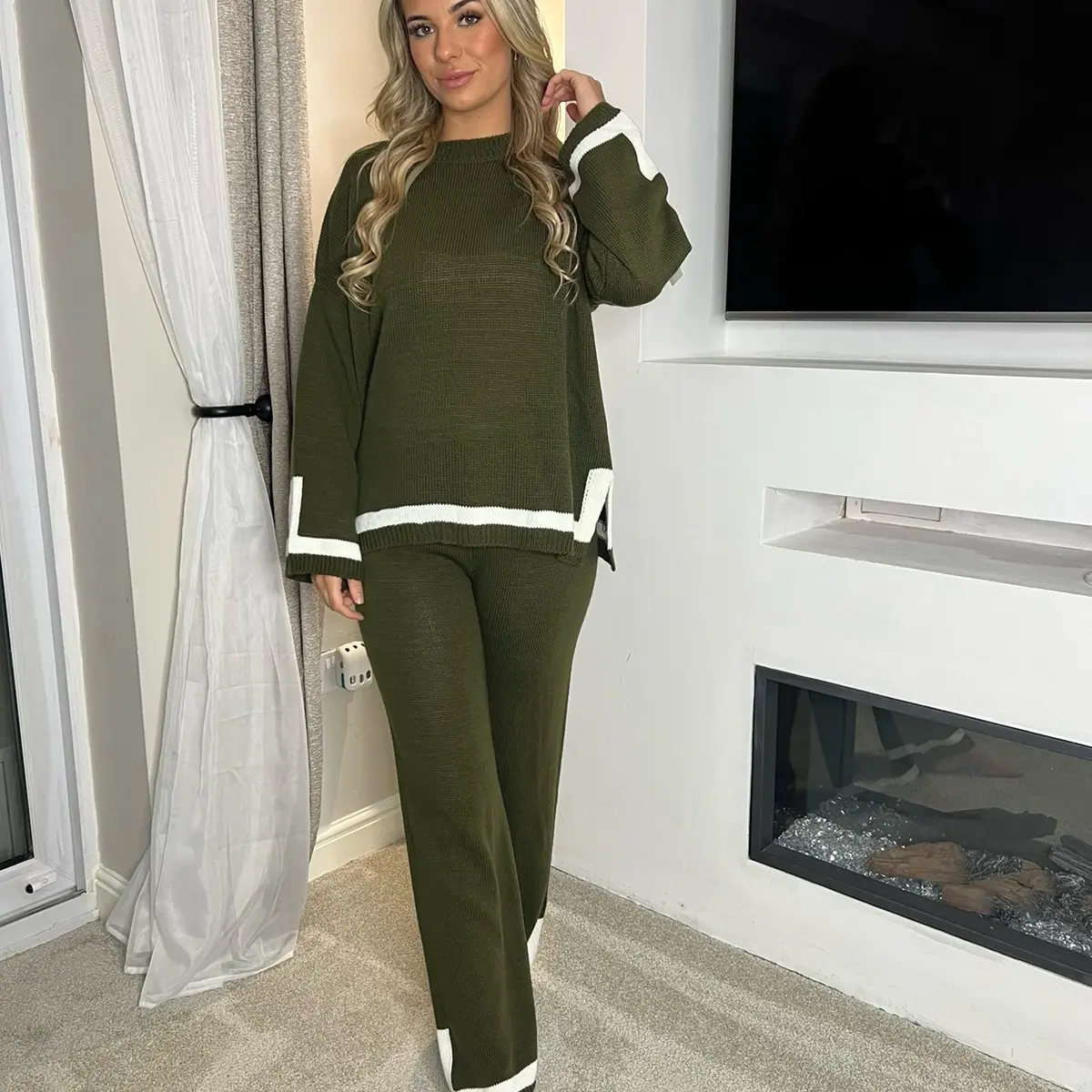 Ladies Knitted Two Piece Set with Line Trim Border and Wide-Leg Pants for Casual Wear - Elegance, Comfortable