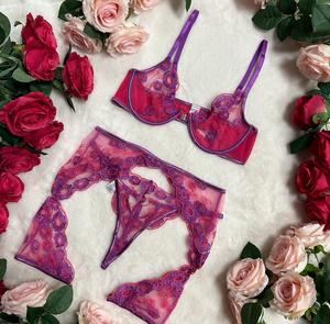 LILIOSA LINGERIE Fuchsia and Purple Floral Embroidery Lingerie Set Delicate Bra, Garter Skirt, and Matching Thong,  Comfortable Womenswear, Everyday Basic Style Fit, Comfort Everyday 3 Piece Girly Lingerie Gift, All Season and Occasion Fit Evening Stateme