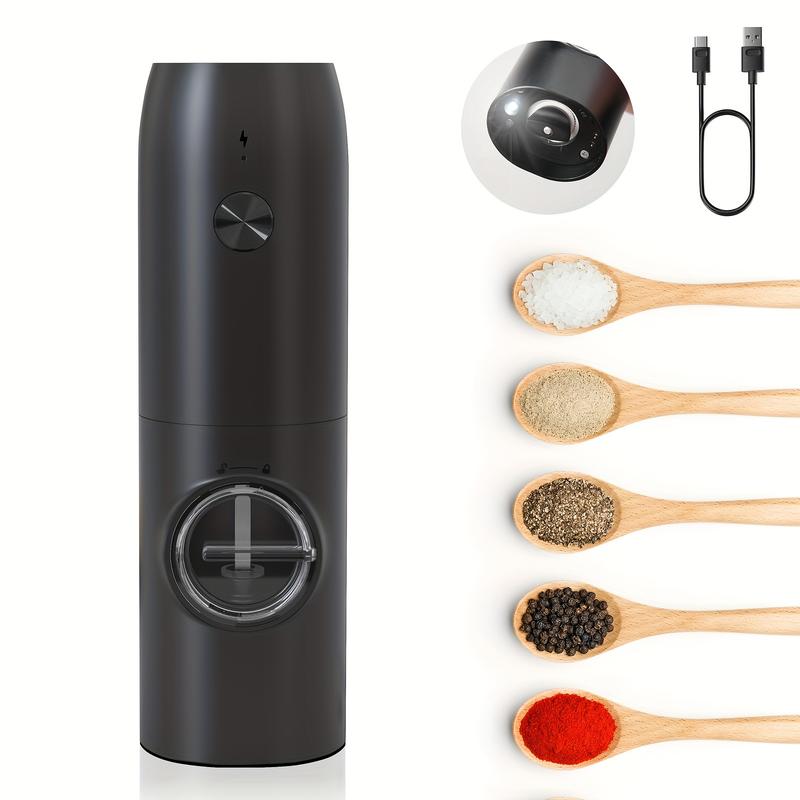 Rechargeable Electric Pepper and Salt Grinder Set, Automatic Pepper Grinder, with Charging Base, USB Cable, LED Light, Adjustable Coarseness, Single-Handed Automatic Operation, Black 2pcs 4