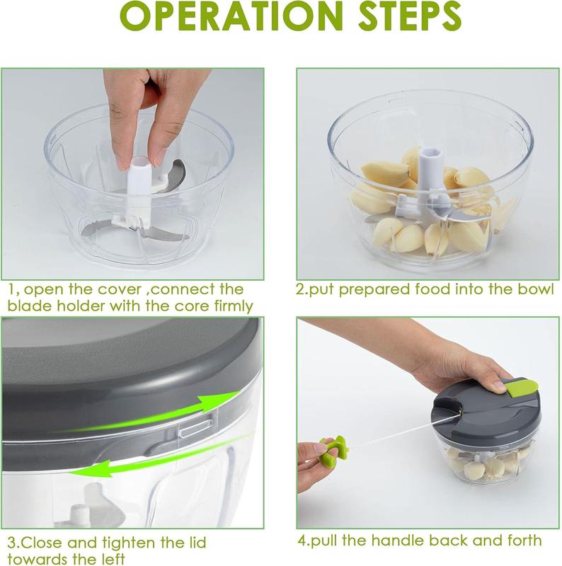Multi-Function Manual Food Chopper & Processors with Handle and Cover, Vegetable Chopper Shredder, Garlic Chopper, Suitable for Onions Garlic Peppers Carrots Fruits,Wonderful for Kitchen(Green) Lid Stainless Steel Utensils Blade Detachable Meat 5
