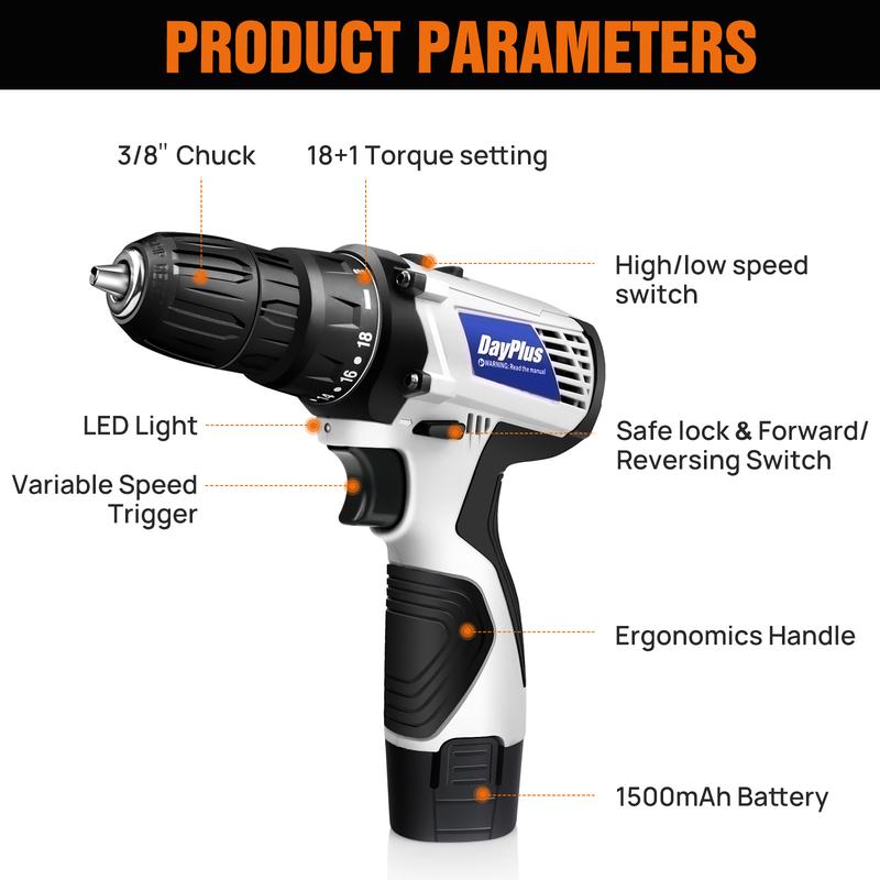 2 in 1  Cordless Drill, Electric Drill, Multi-Purpose 2-Speed Portable Drill, 3/8" Handheld Drills with 1500 mAh Li-Ion Battery, 18+1 Torque, 45N.m Max Torque for Home Cleaning and Garden DIY 4