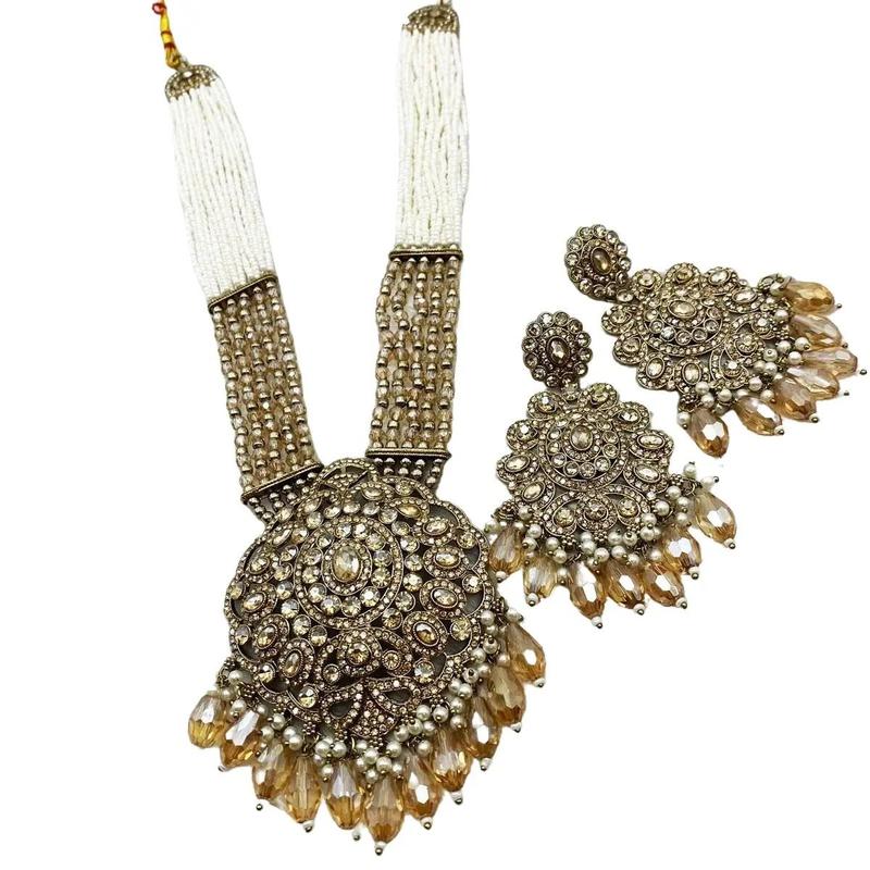 Gana Gold Stone Long Necklace Set - Antique Gold Indian Jewellery (Free Delivery) 0