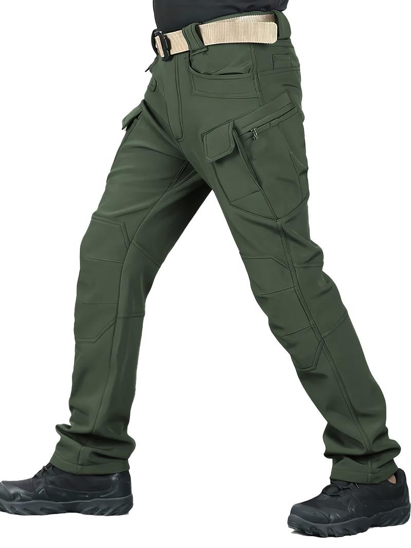 Product Introduction of Men's Solid Color Thermal Cargo Pants, Slightly Stretch Multiple Pockets Design Pants For Winter Outdoor Activities Menswear Trouser Plain Beige 6