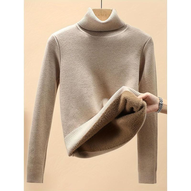 Women's Thickened Fleece Lined Slim Fit Top, Warm Turtleneck Pullover, Casual Style Long Sleeve Base Layer Top For Winter Knitwear Womenswear Underwear Comfort Lady Knitting 2