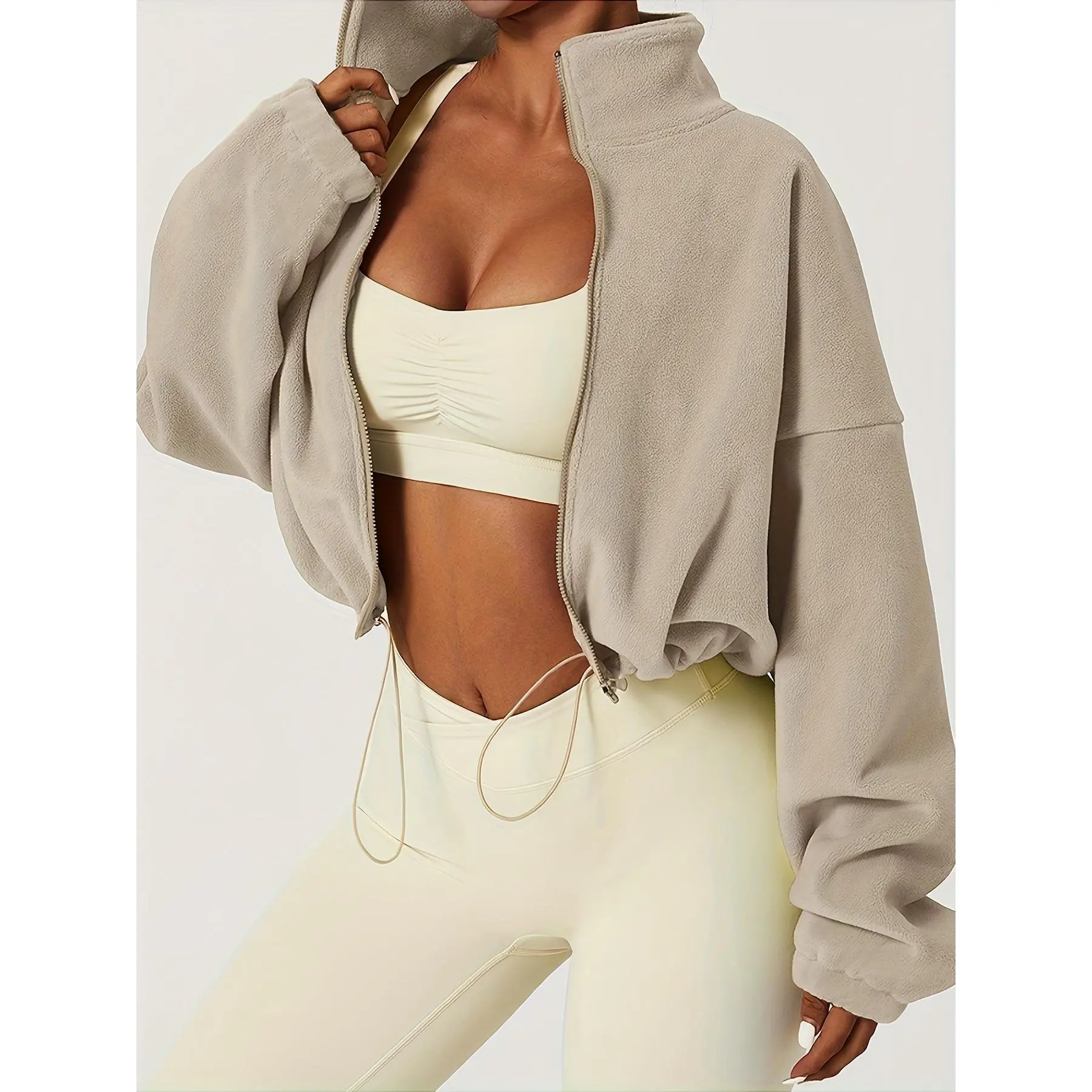 Chic Zip-Up Fleece Crop Jacket for Women - Stretch Comfort, Warm High Neck, Long Sleeve, Perfect for Sporty Outdoor Fall/Winter Activities Womenswear Coats