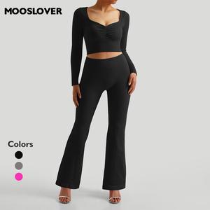 Mooslover UK Women's Stylish High Waist Ribbed Butt-Lifting Petite Flares Yoga Pants Elegant Ribbed Knit Crop Top Clothing Womenswear Comfort Long Sleeve