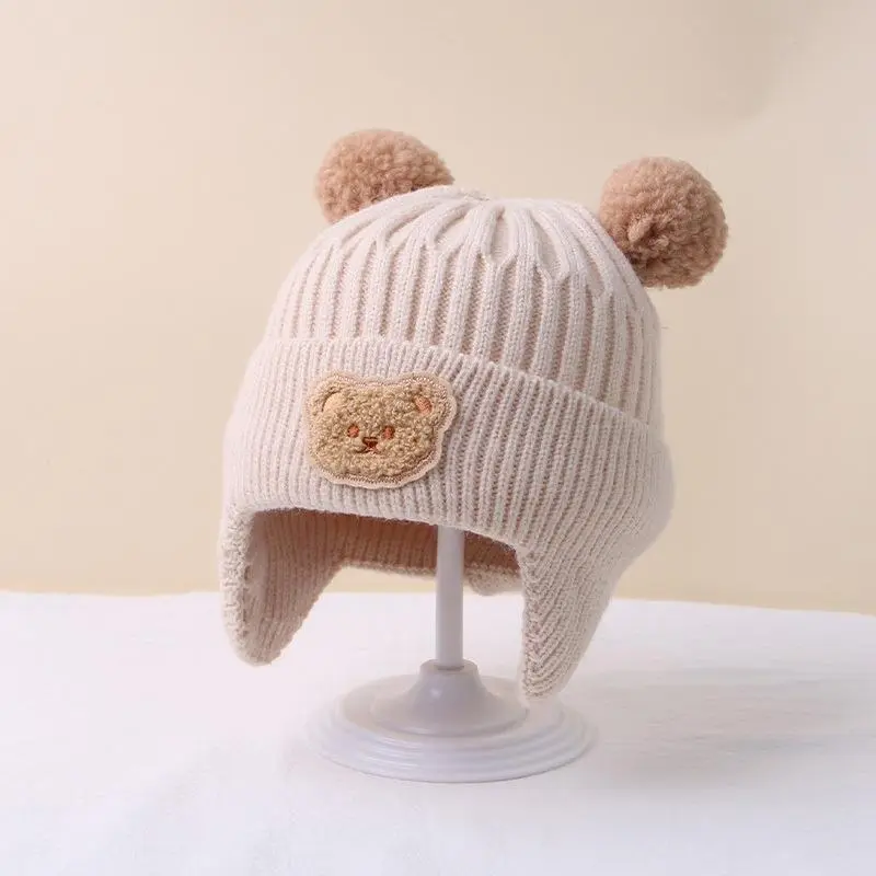 1pc Winter Baby Beanie Cap - Cartoon Bear Ear Protection Knitted Hat For Toddler Boys & Girls - Soft & Warm Wool Blend - Perfect for Cold Weather - Ideal Gift for Baby Shower 1