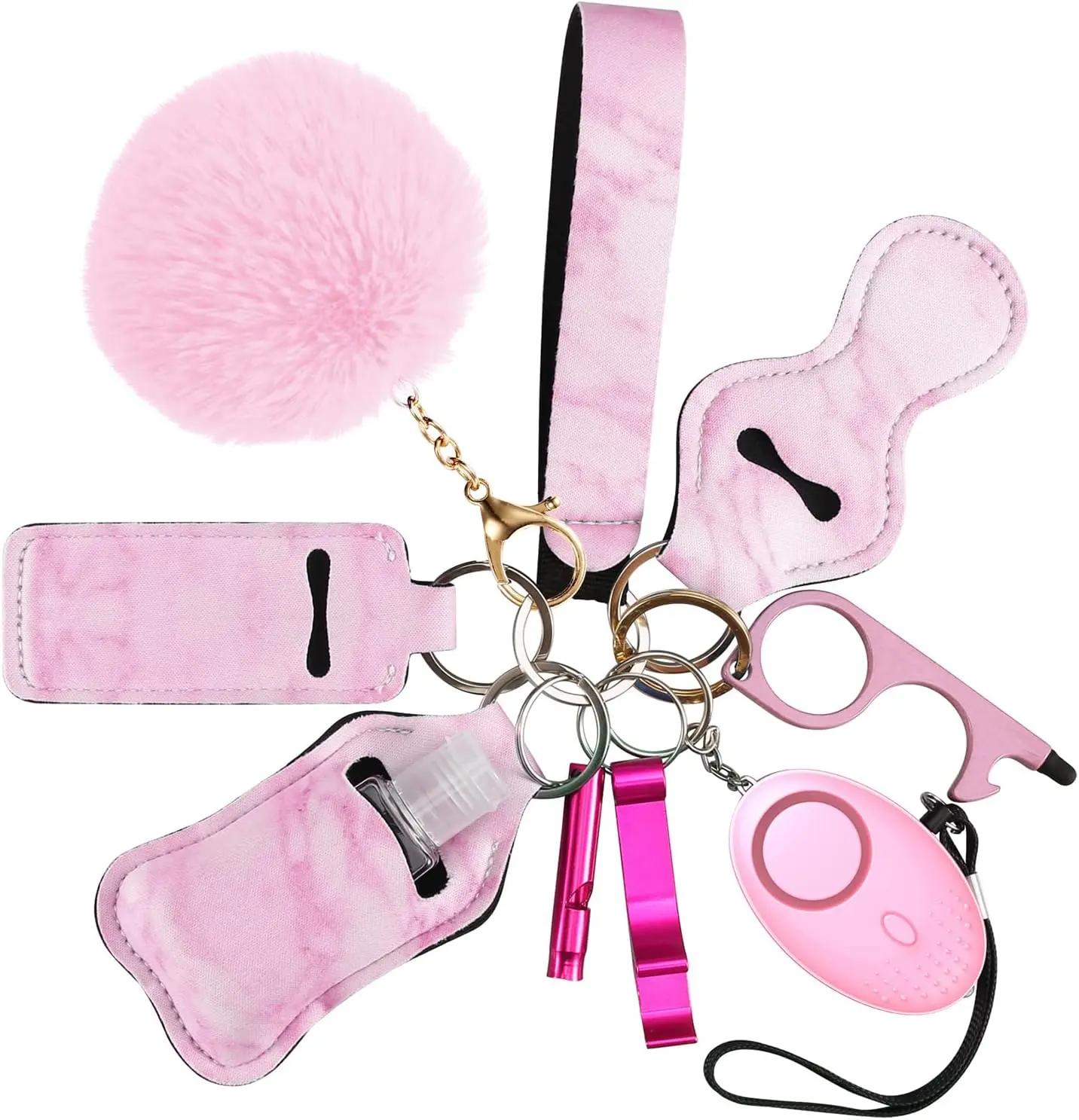 10 PCS Safety Keychain Set for Women, Loud Safety Keychain Accessories with Personal Safety Alarm, Security Alarms Keychain with LED Light, Whistle, No Touch Door Opener (Pink)